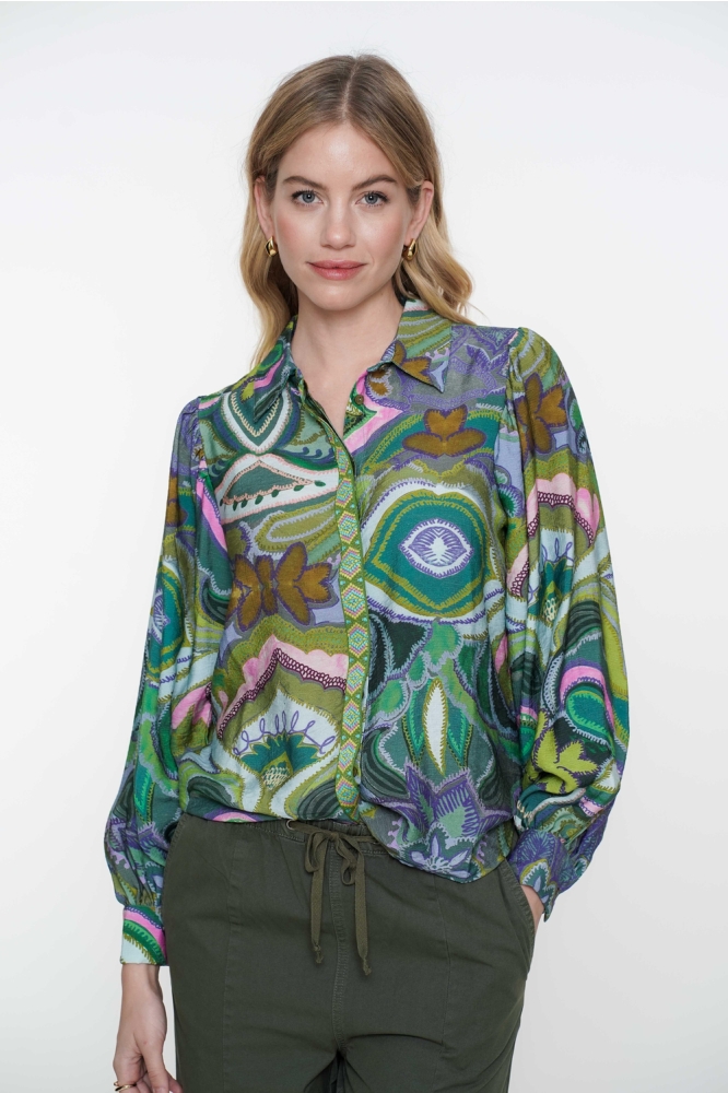 BLOUSE GRAFISCHE PRINT MET TAPE 53227 20 Green/Purple